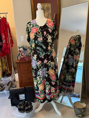 Johnny Was Floral Henley Black Midi Dress with Multicolor Blooms NWT L